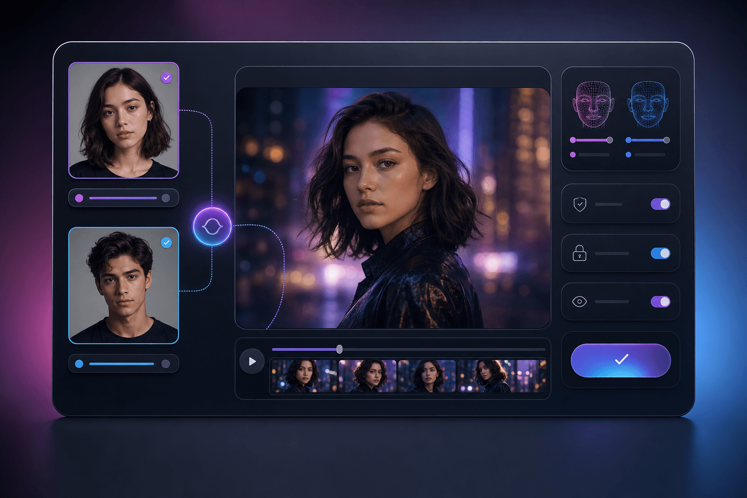 Responsible AI face swap interface with consented portrait references and a stylized video preview