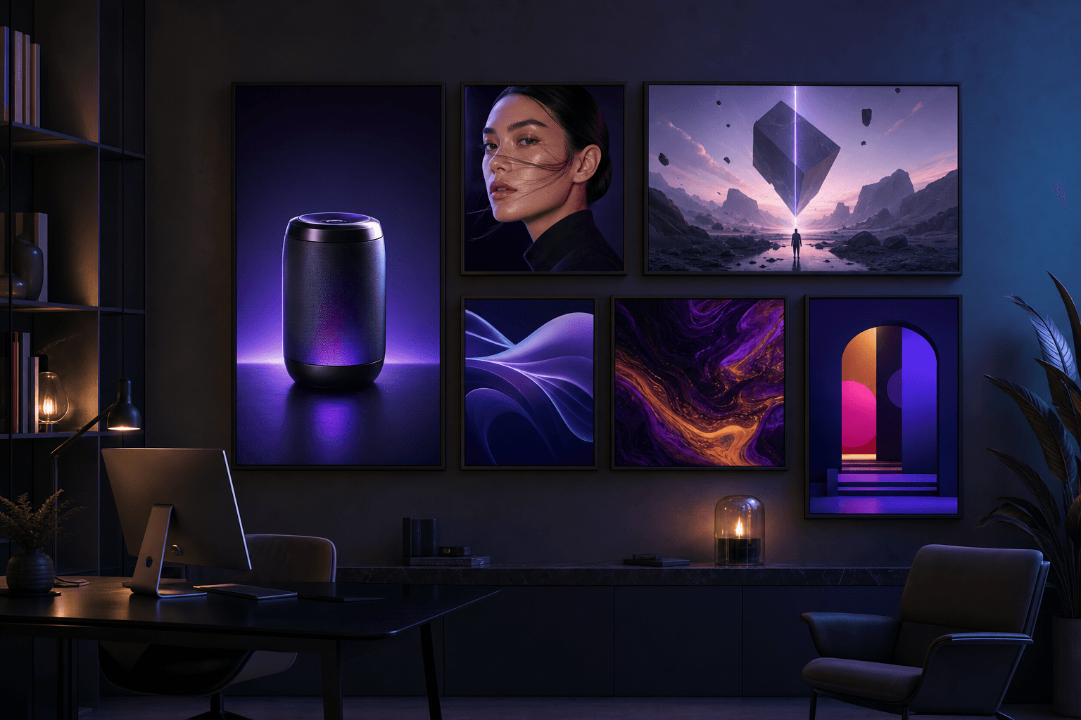 AI image generator gallery with product, portrait, concept art, poster, and photoreal scene outputs in a creative studio