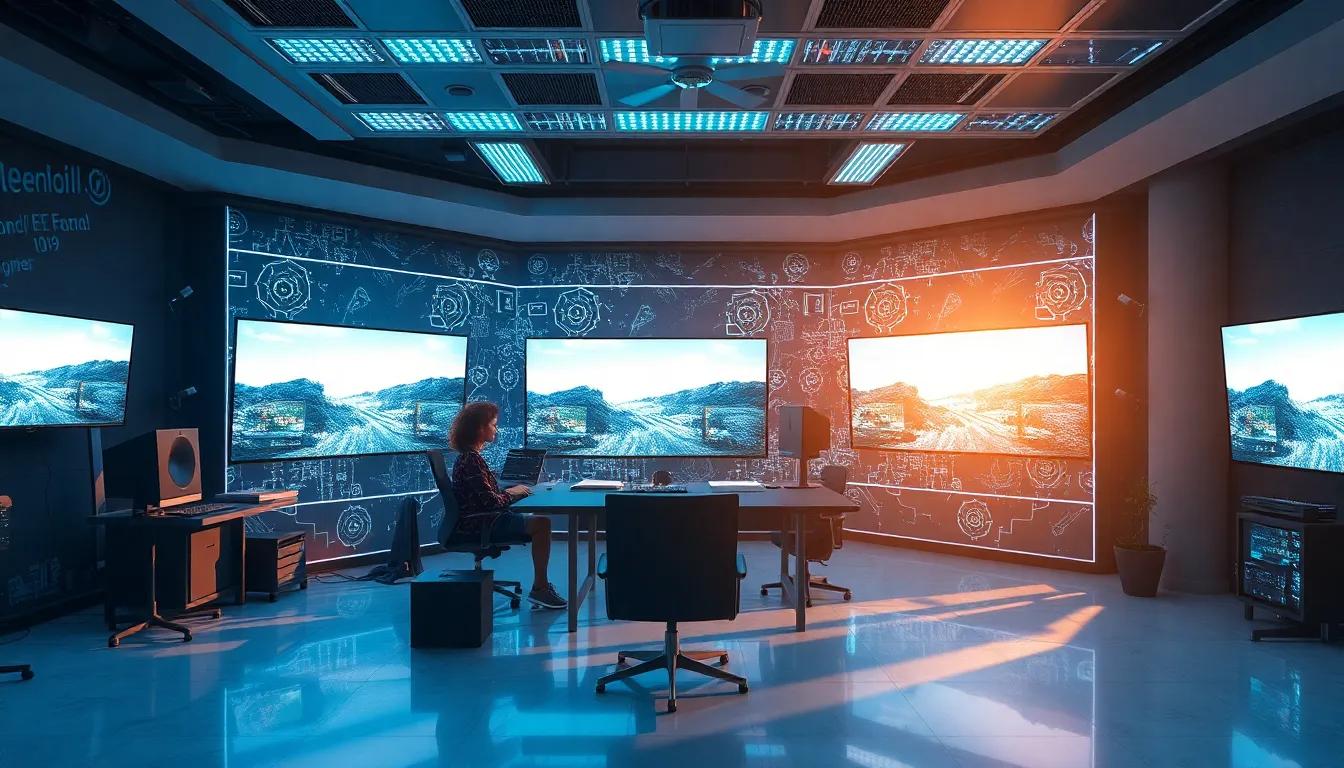 Creative workspace with AI-generated video clips displayed on multiple screens
