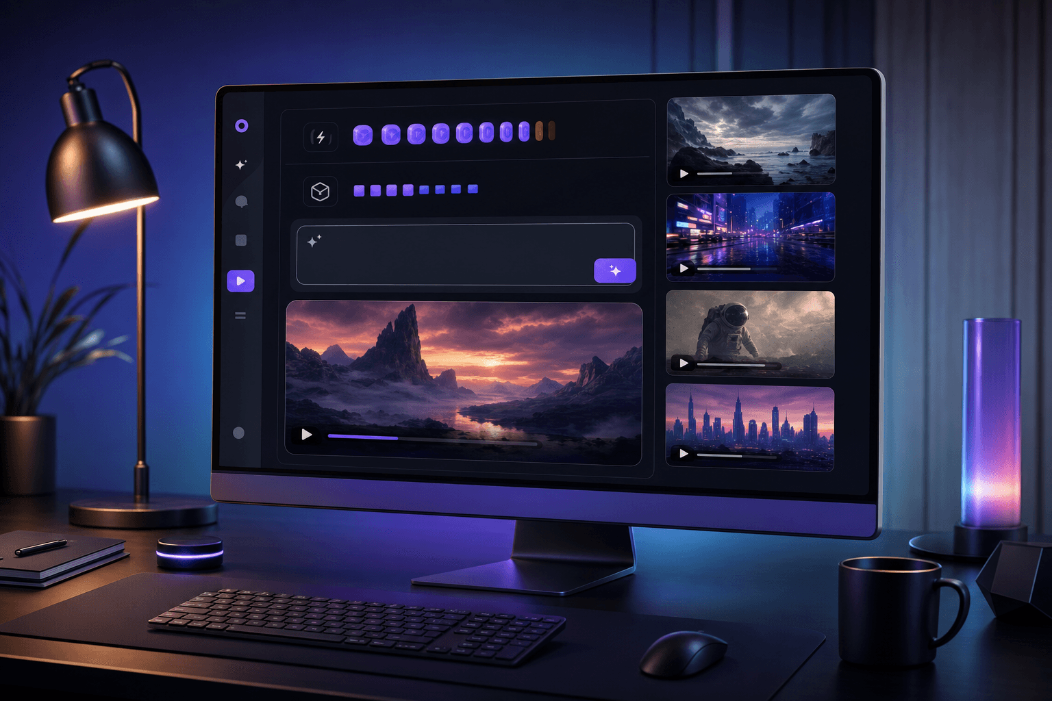 Free AI video generator workspace with daily credit tokens, video thumbnails, and browser-based creation controls