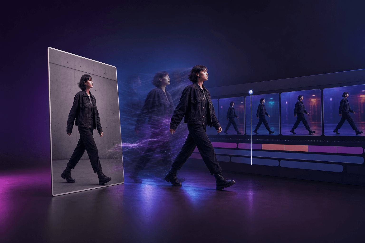 Still photo transforming into a cinematic video sequence with layered motion frames and an editing timeline