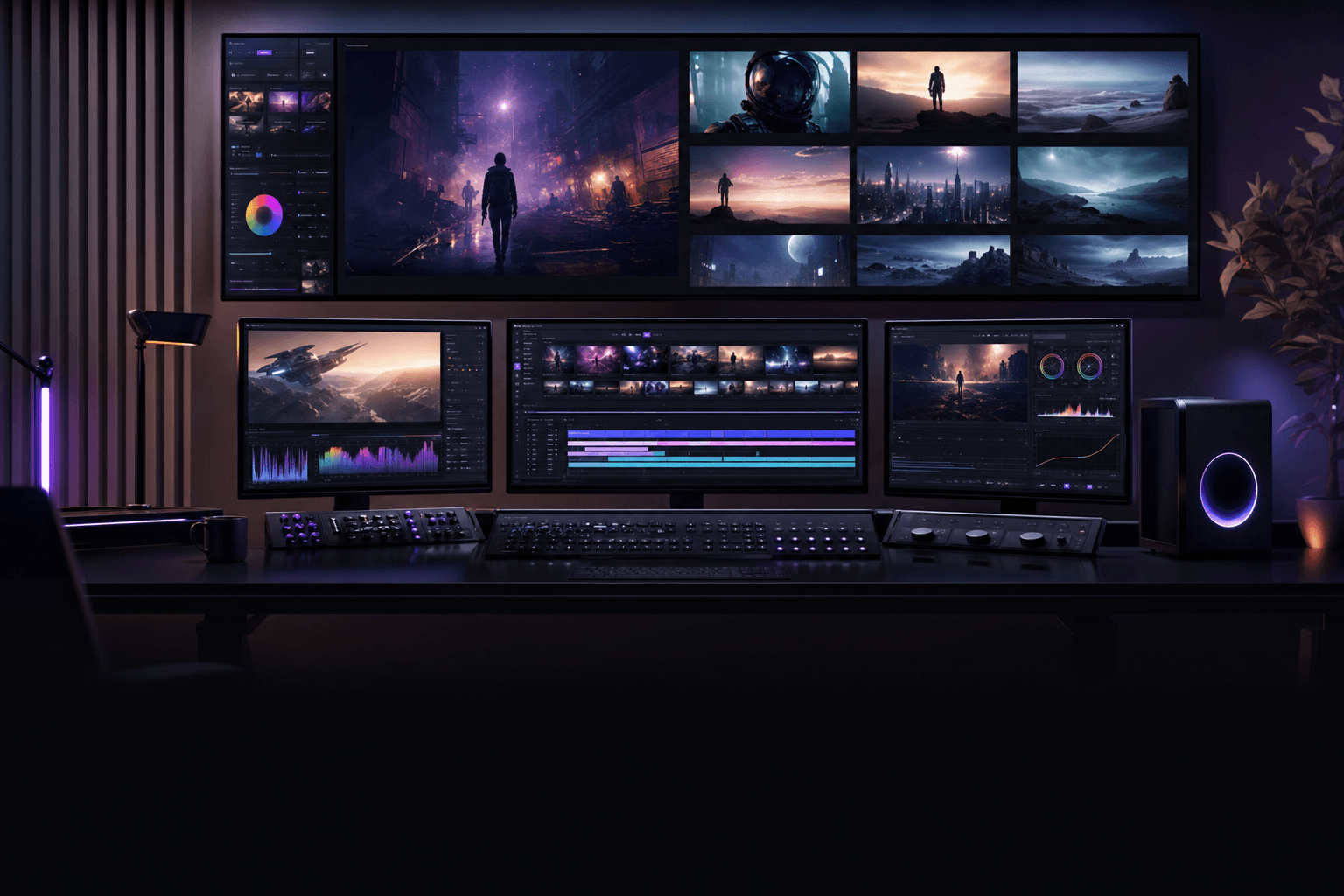 Professional AI film editing workspace with model preview monitors, color grading panels, and a production timeline