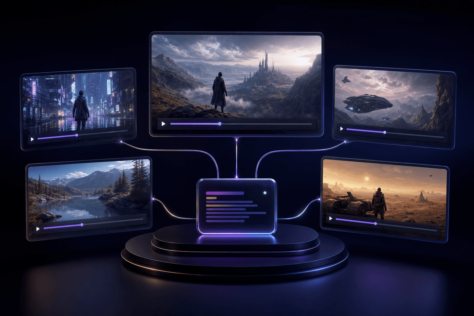 Multi-model AI video comparison with several cinematic outputs branching from one prompt card