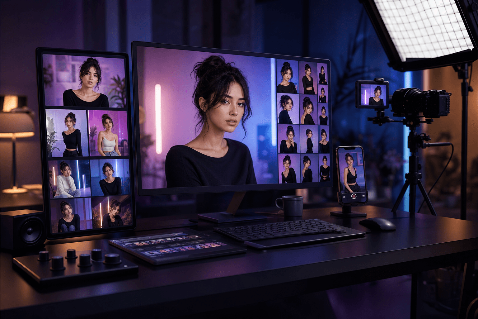 Virtual influencer creation studio with consistent character references, social video thumbnails, and creator lighting
