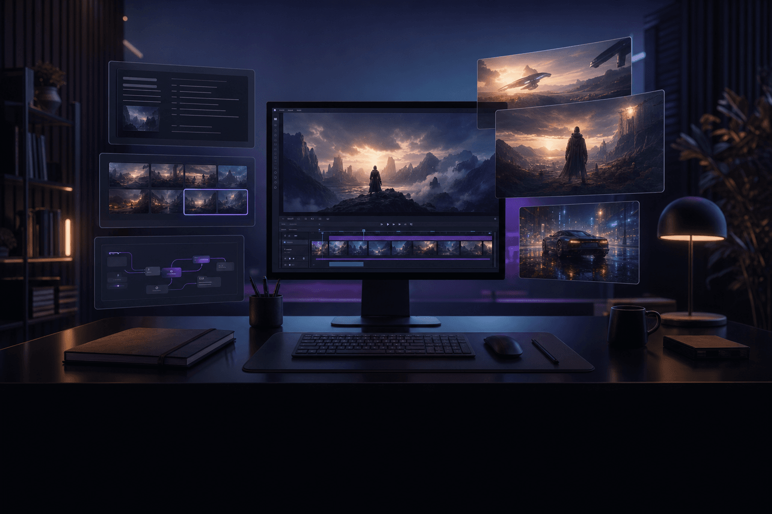 AI video creation workflow with prompt notes, cinematic preview frames, and editing timeline for a step-by-step Mobbi tutorial