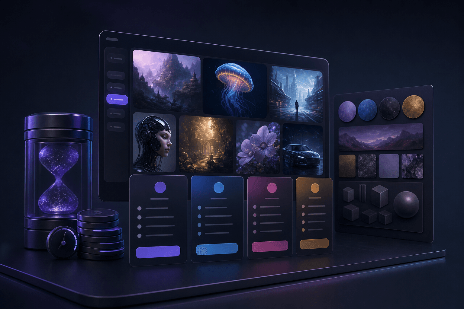 Midjourney pricing explainer with image generation gallery, fast-hour tokens, subscription cards, and art direction boards
