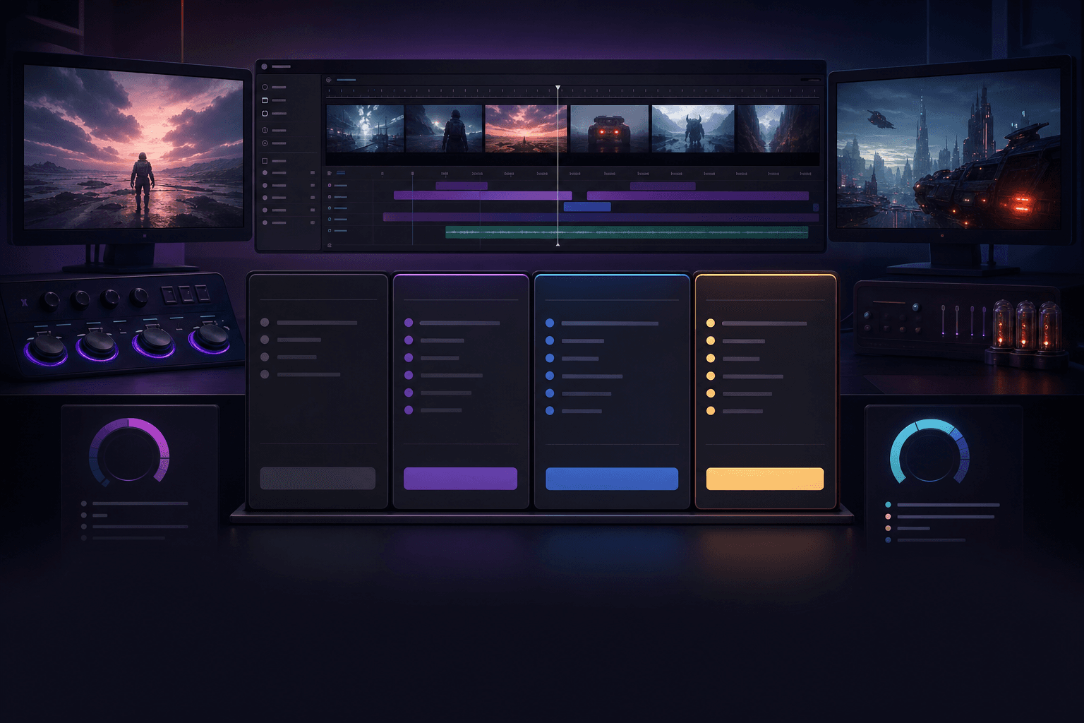Runway ML pricing and feature comparison with film timeline, plan cards, compute meters, and cinematic monitors
