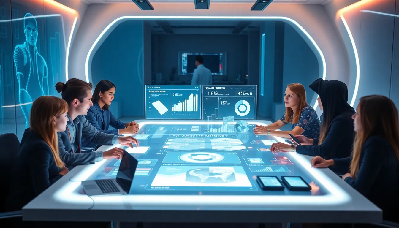 Campaign team reviewing AI video briefs projected on a futuristic conference table.
