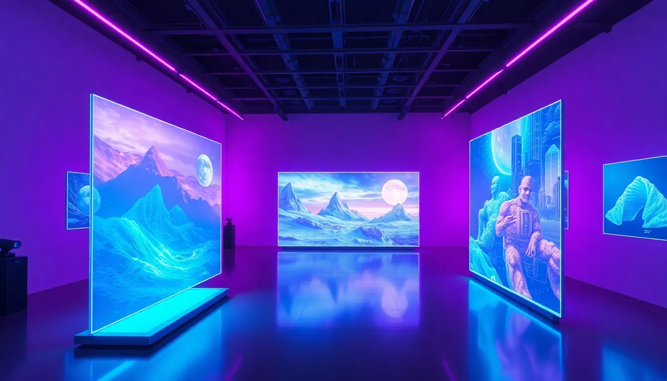 Comparison of AI-generated images from top platforms in futuristic gallery setting