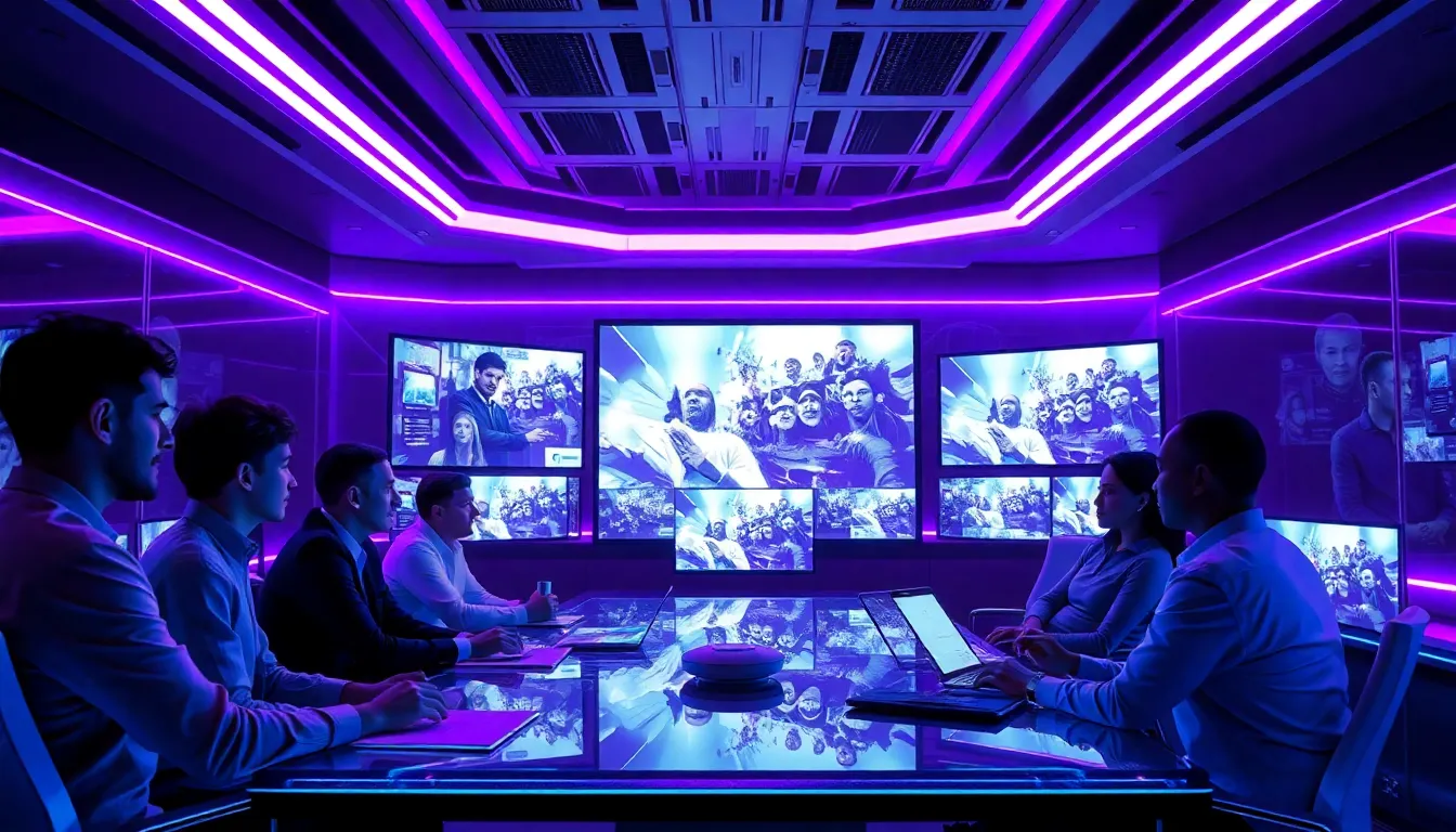 Marketing analysts reviewing AI video dashboards in a futuristic control room.