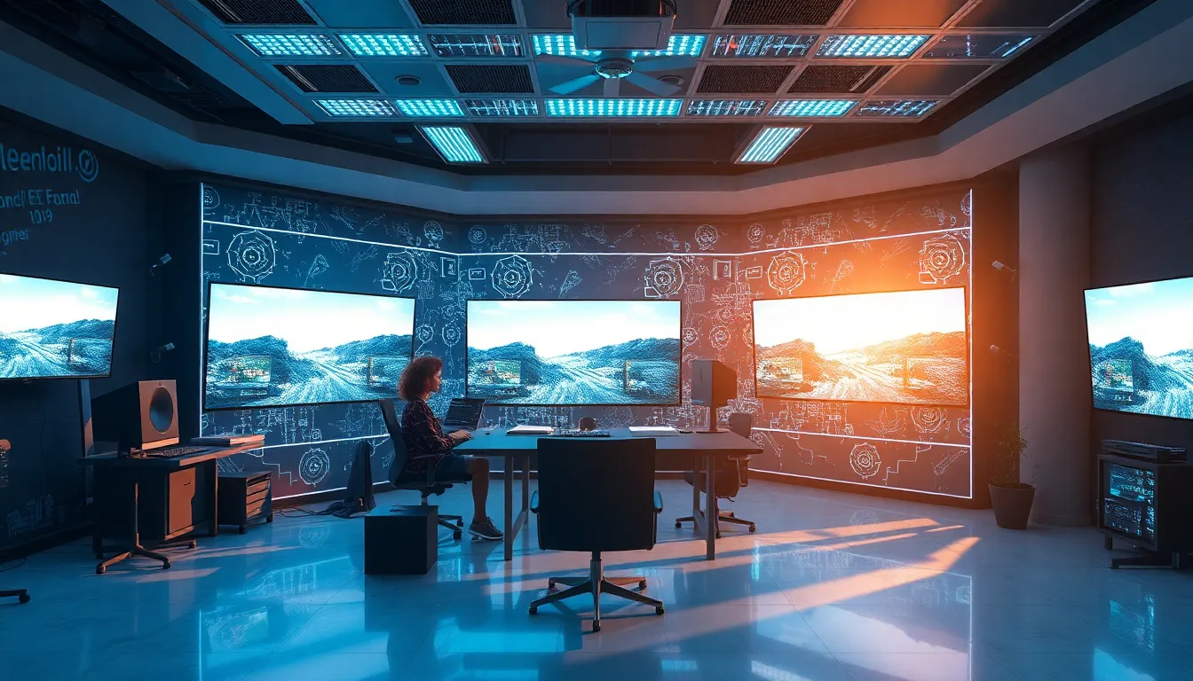 Creative workspace with AI-generated video clips displayed on multiple screens