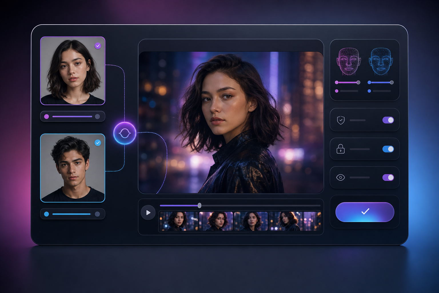 Responsible AI face swap interface with consented portrait references and a stylized video preview