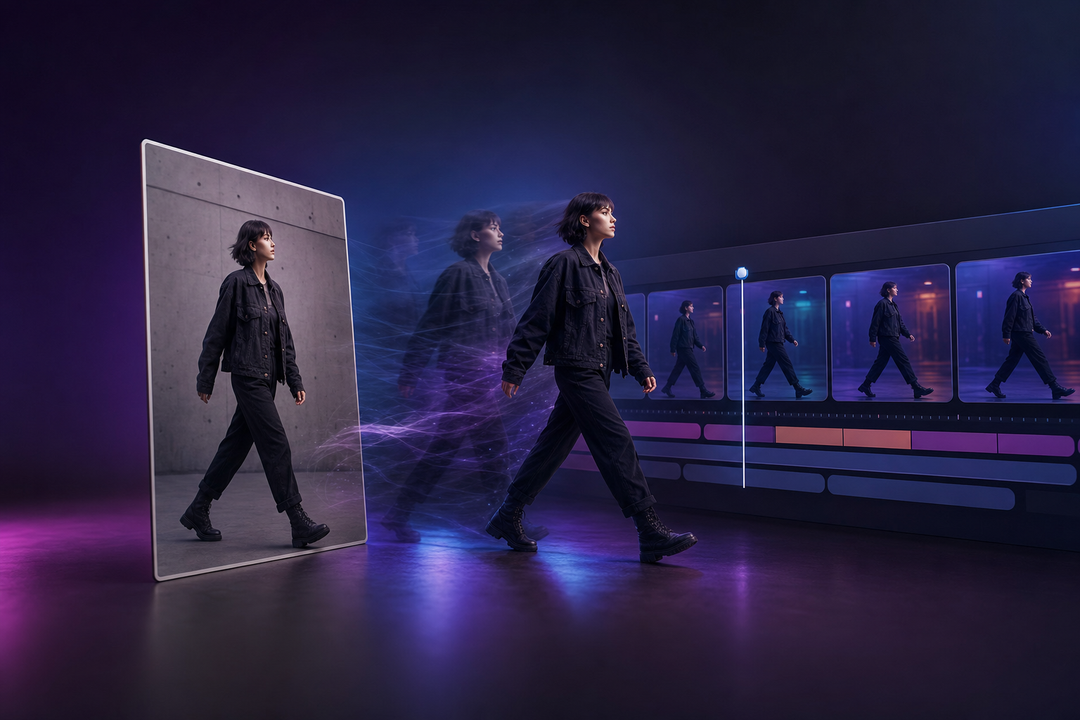 Still photo transforming into a cinematic video sequence with layered motion frames and an editing timeline