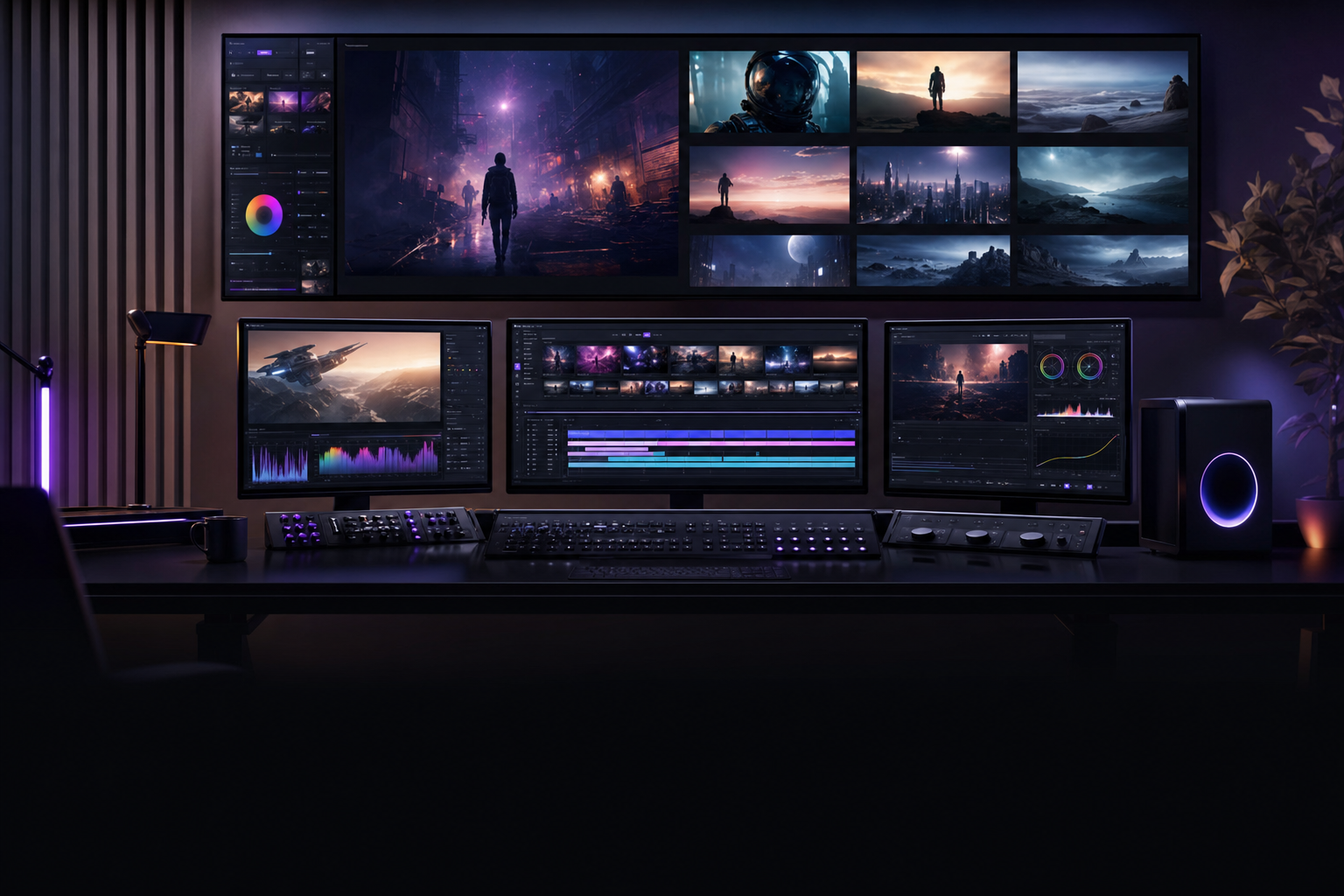 Professional AI film editing workspace with model preview monitors, color grading panels, and a production timeline