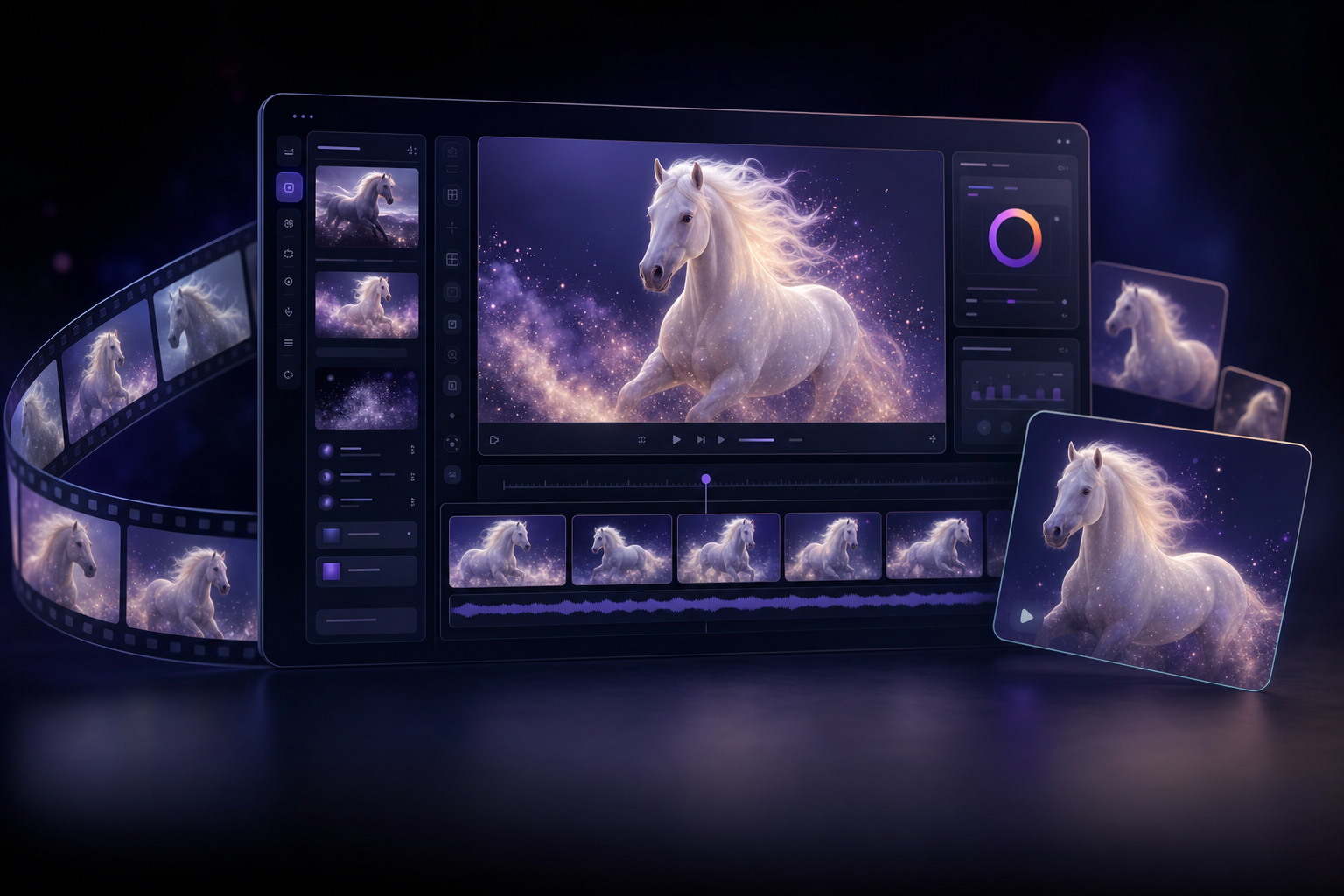 HappyHorse 1.0 AI video generator launch hero with cinematic preview frames and a Mobbi-style creative studio dashboard