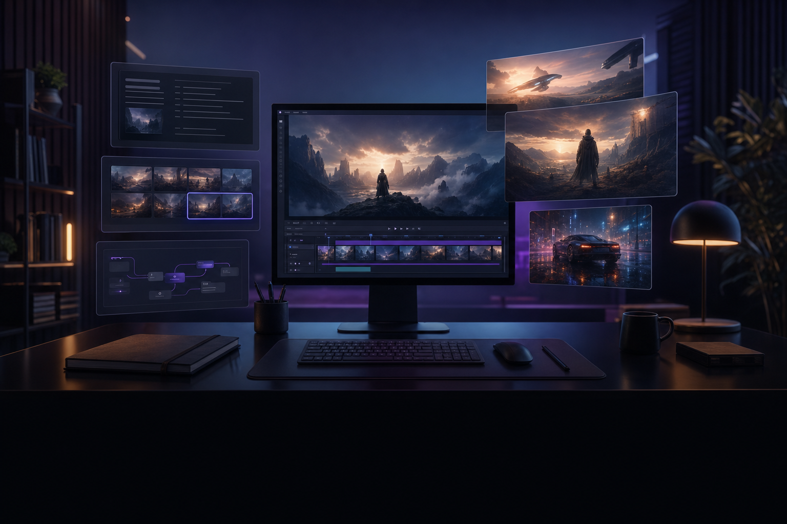 AI video creation workflow with prompt notes, cinematic preview frames, and editing timeline for a step-by-step Mobbi tutorial