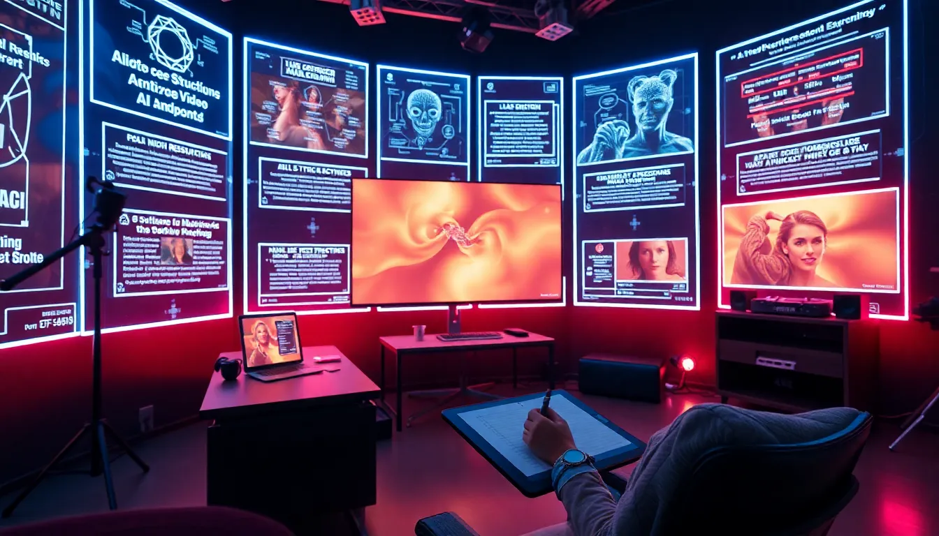 Creator writing AI video prompts on holographic screens in a creative studio.